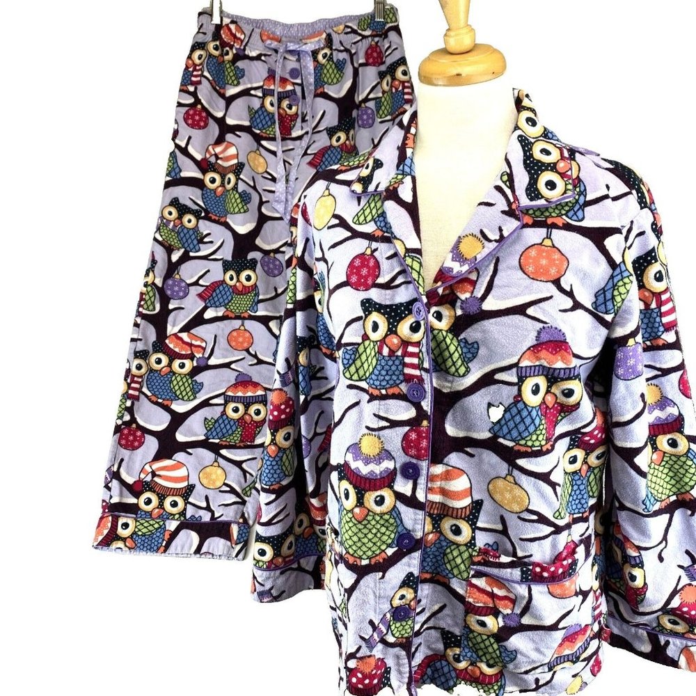 Nick & Nora Medium 2 Piece Flannel Pajamas Owls Purple Long Sleeves Warm